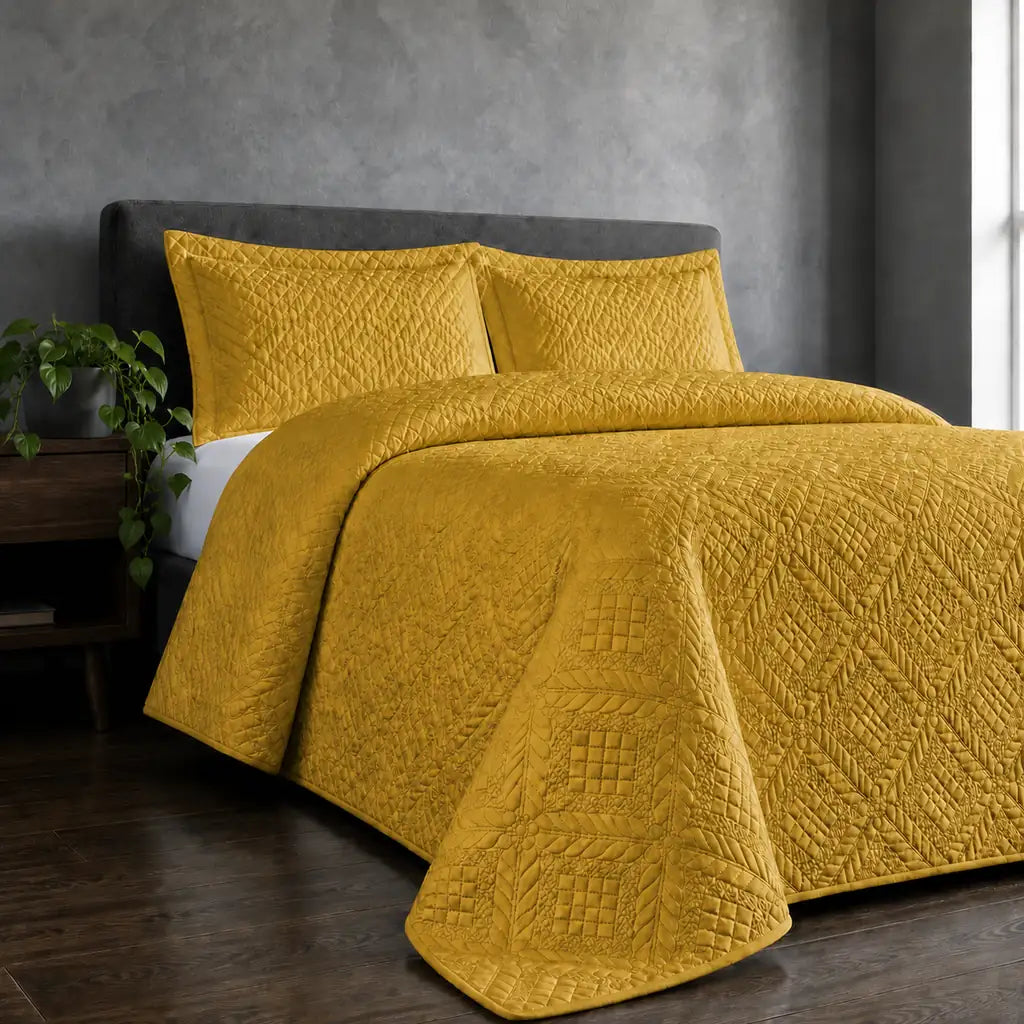 Mustard Istanbul Quilted Bedspread Set - Hero room view