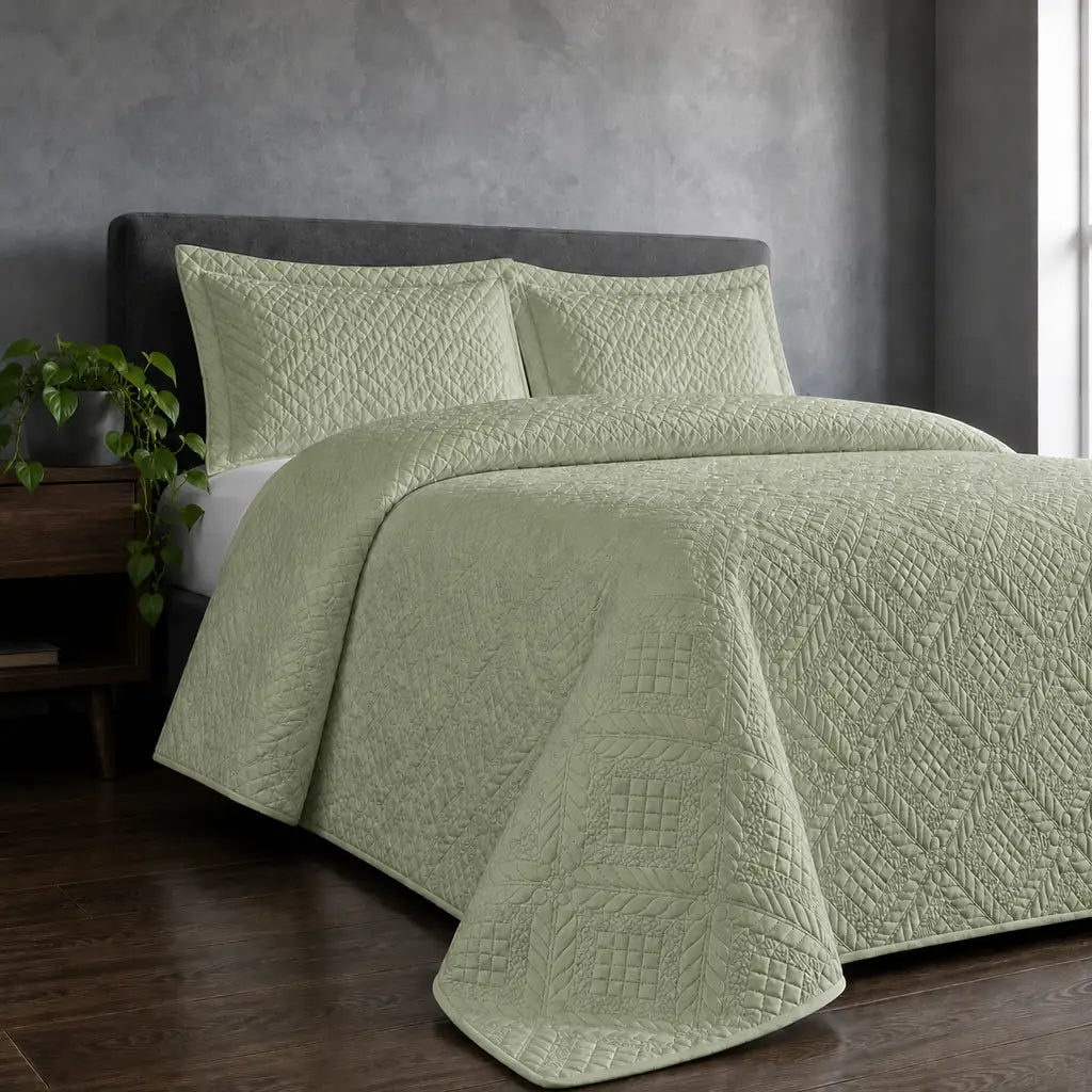Pistachio Istanbul Quilted Bedspread Set - Hero room view