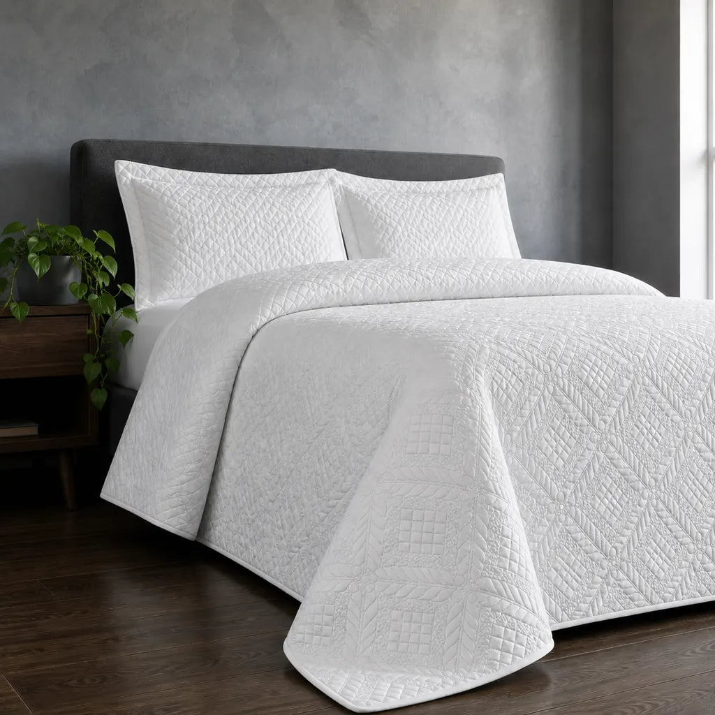 White Istanbul Quilted Bedspread Set - Hero room view