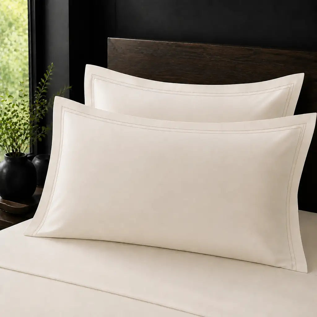Ivory Cream 100% Cotton Percale 200TC Oxford pillow cases on a bed with Cream two-row satin stitch - Linen and Co