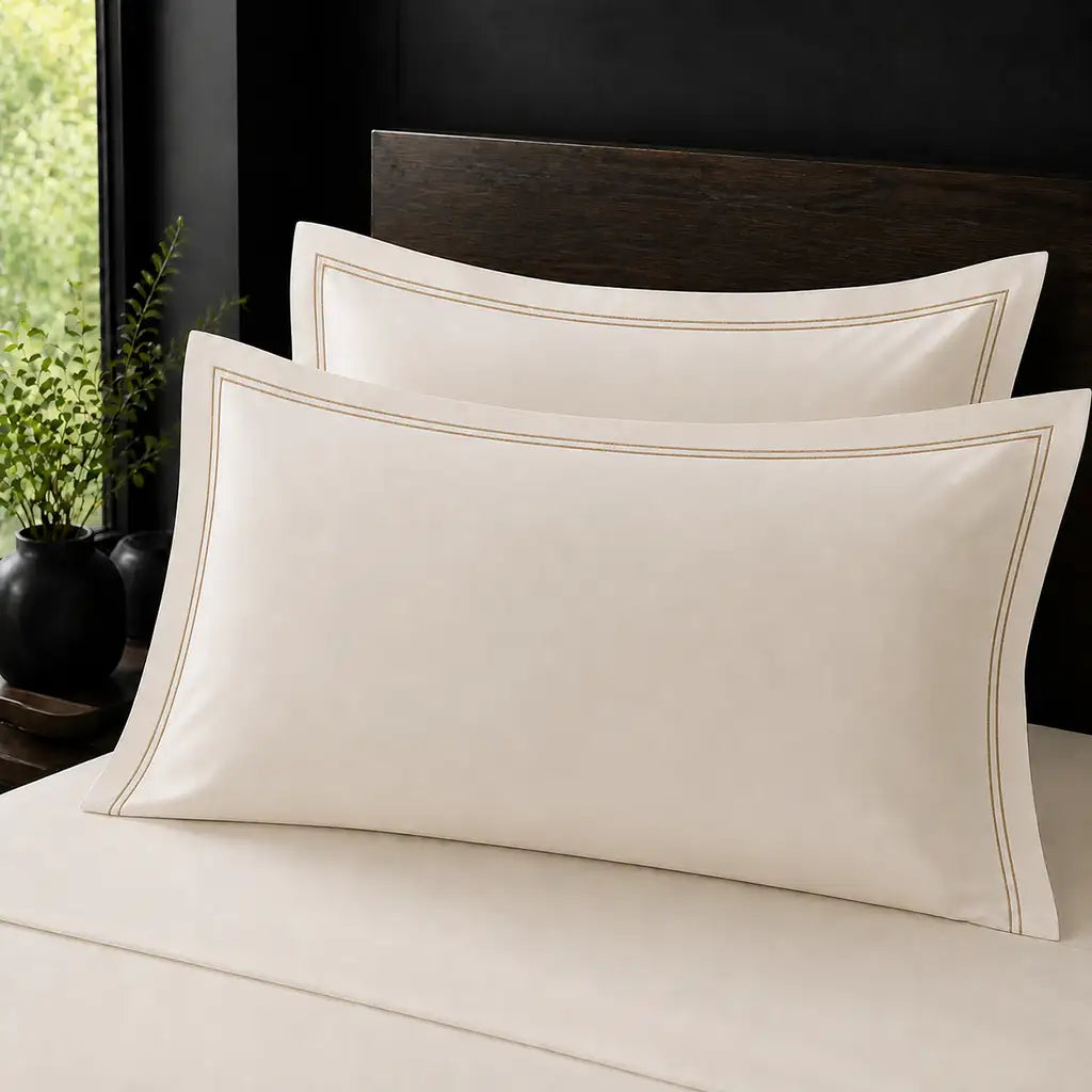 Ivory Cream 100% Cotton Percale 200TC Oxford pillow cases on a bed with Stone two-row satin stitch - Linen and Co