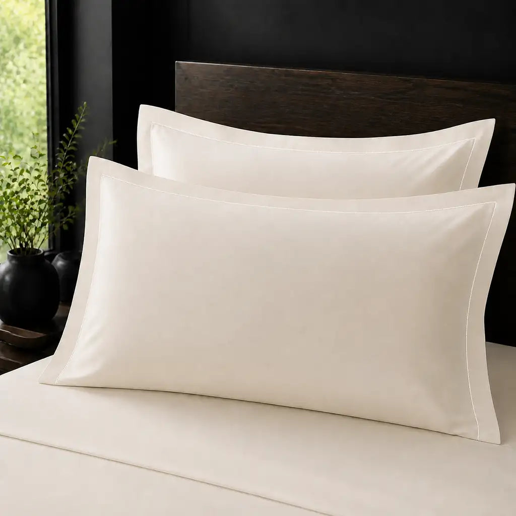 Ivory Cream 100% Cotton Percale 200TC Oxford pillow cases on a bed with White one-row satin stitch - Linen and Co