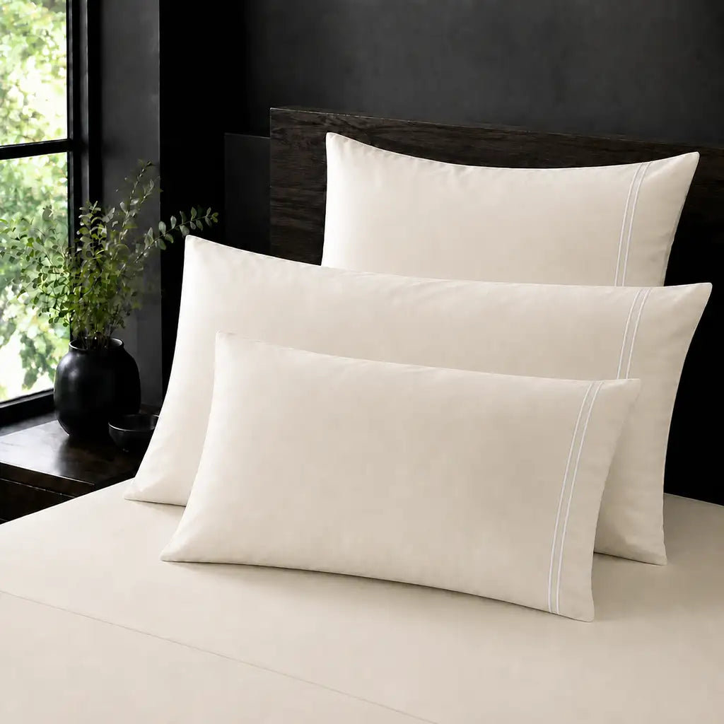 Cream 100% Cotton Percale 200TC plain pillow cases with White two-row satin stitch - on the bed - Linen and Co