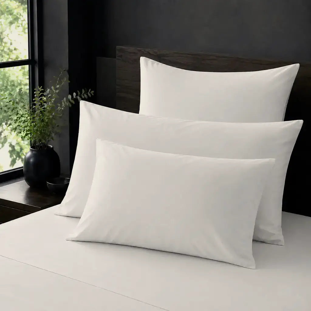 Cream Polycotton Percale 200TC plain pillow cases with no satin stitch - on the bed - Linen and Co
