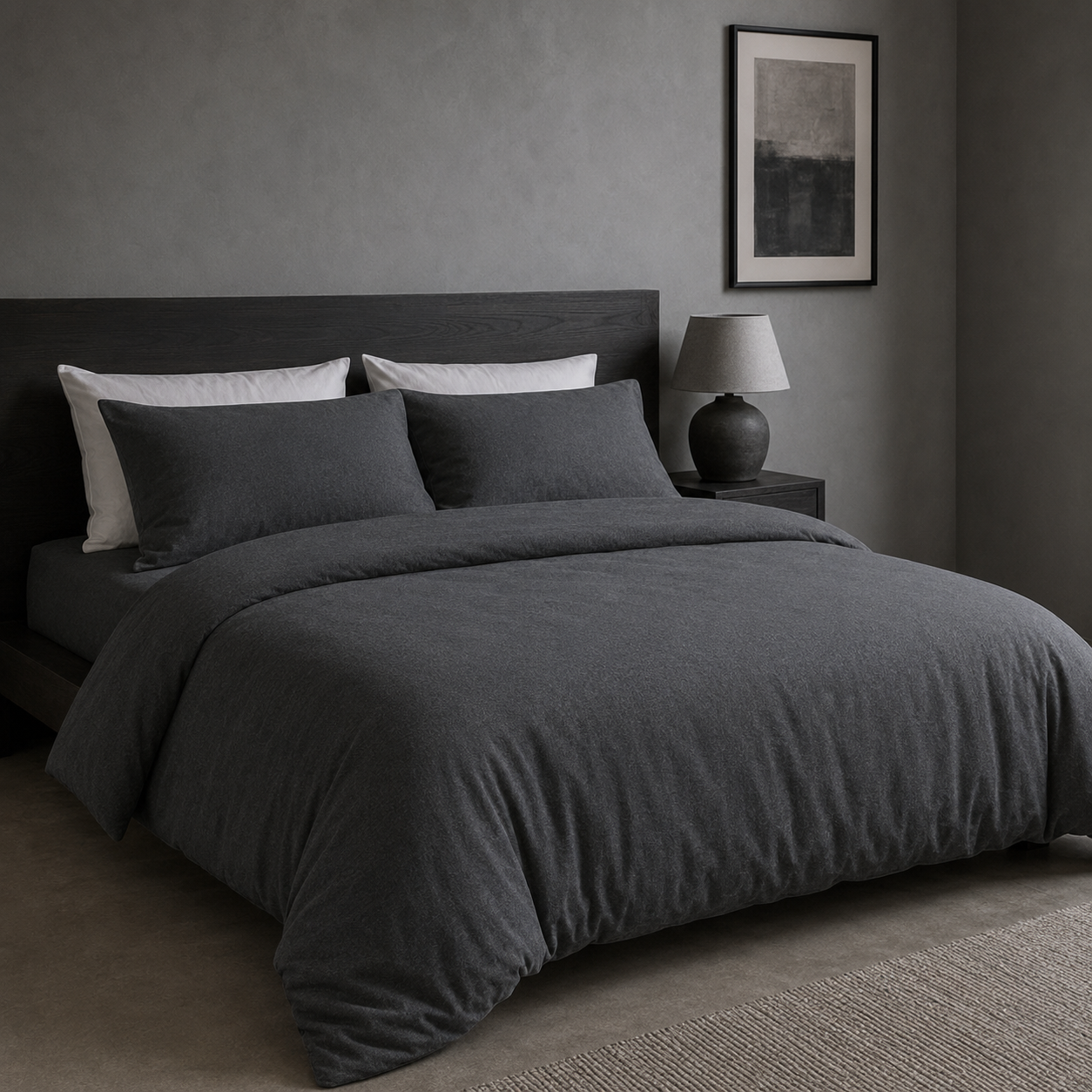 Charcoal cotton jersey duvet cover set styled on a bed