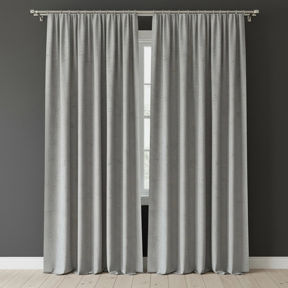 Light Grey Textured Self Lined Curtains with tape header on brushed steel rod – Linen & Co luxury window treatments