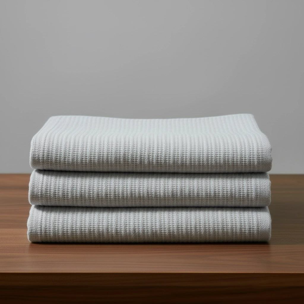 Light grey cotton cellular blanket by Linen and Co, neatly folded to showcase breathable cellular knit texture for hospitality and home.