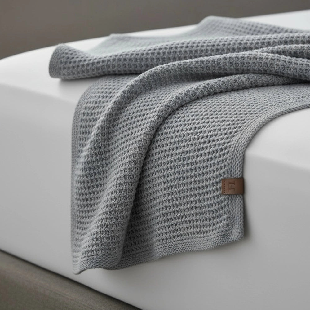 Light grey cotton cellular blanket with textured waffle weave draped over white bed, showing soft fabric texture and quality craftsmanship—breathable bedding by Linen & Co