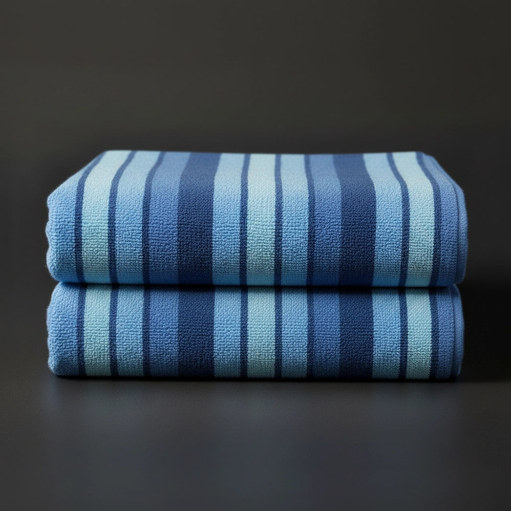 Blue Multicolour Velour striped beach towels stacked - premium hospitality pool linen by Linen and Co
