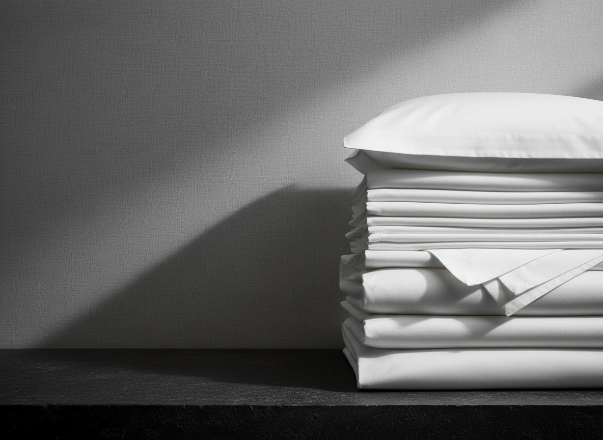 Stack of premium white and cream luxury linens with pillow by Linen and Co - hospitality-grade bedding and textiles