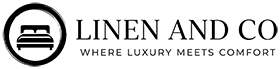Linen and Co logo with bed design and text 'Where Luxury Meets Comfort'.