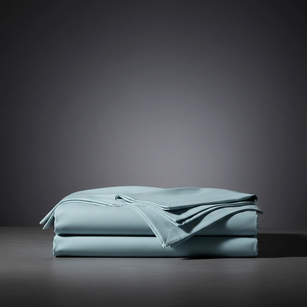 Stack of duck egg pure cotton percale 200TC folded bed linen by Linen and Co, showcasing smooth texture and premium quality.