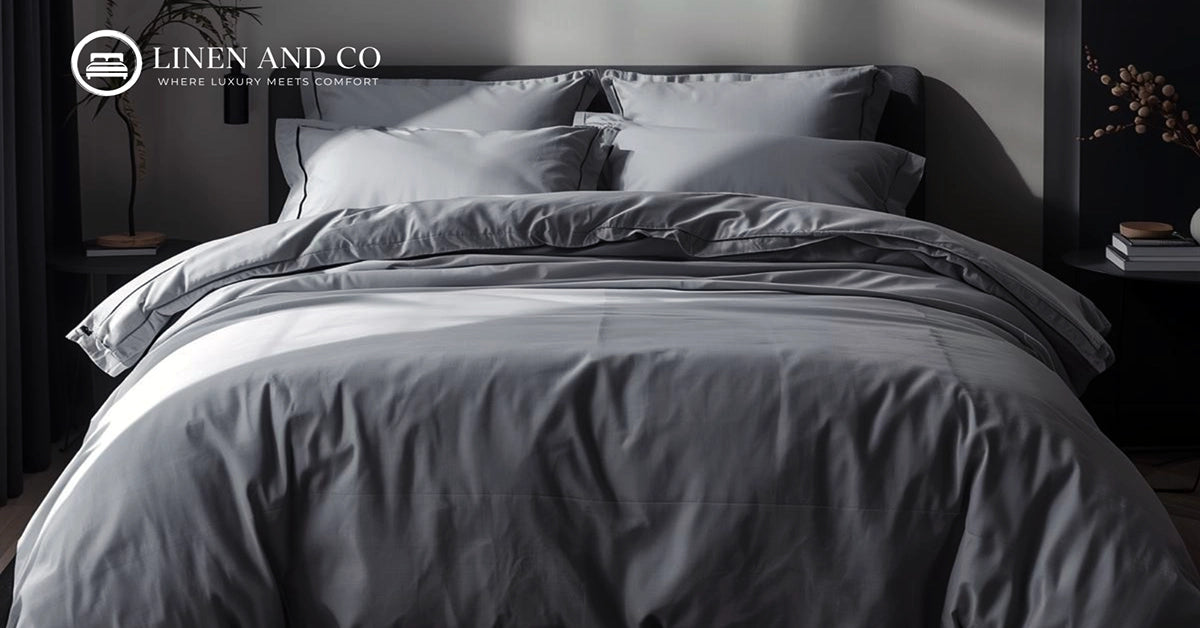 Linen and Co grey hospitality bed linen styled as luxury hotel bedding for boutique hotels, guest houses and elegant residential interiors in South Africa