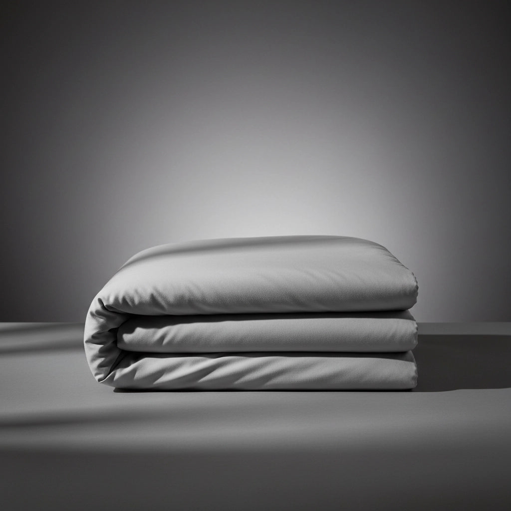 Stack of grey pure 100% cotton percale 200TC folded bed linen by Linen and Co, showcasing smooth texture and premium quality.