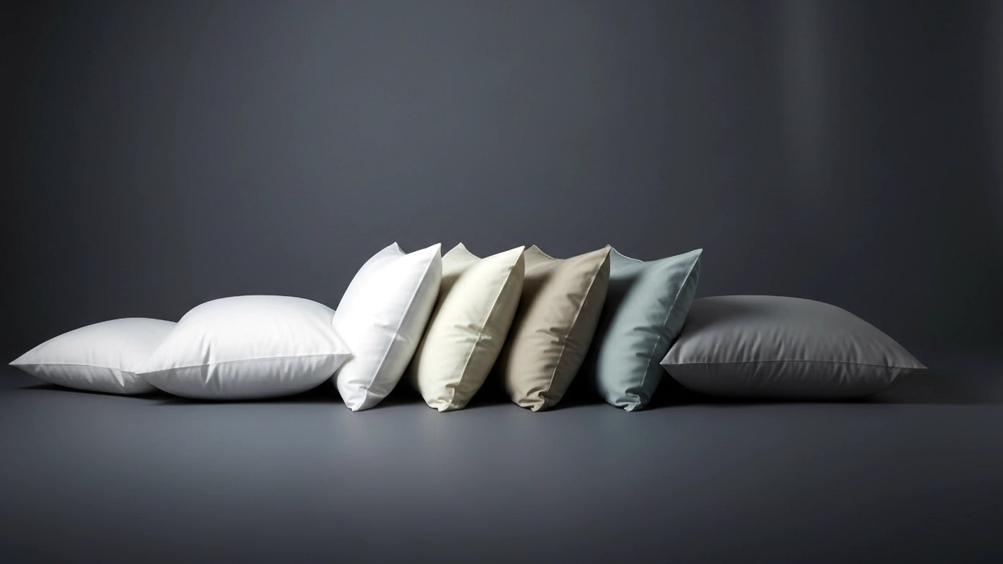 Luxury plain pillowcases in white, cream, stone, grey, and duck egg colours by Linen and Co, displayed in a stylish gradient on a dark background.