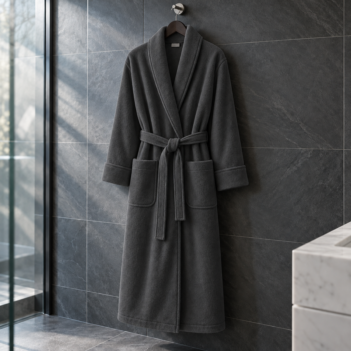 Grey Luxury Plush Bath Robe - hanging lifestyle - Linen and Co