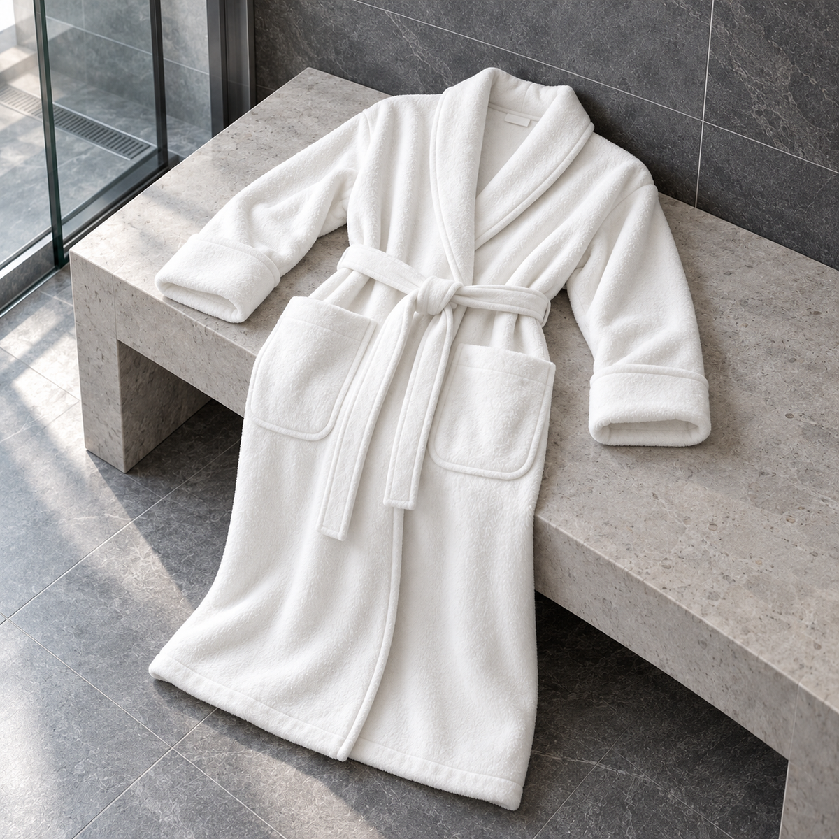 White Luxury Plush Bath Robe - bench lifestyle - Linen and Co