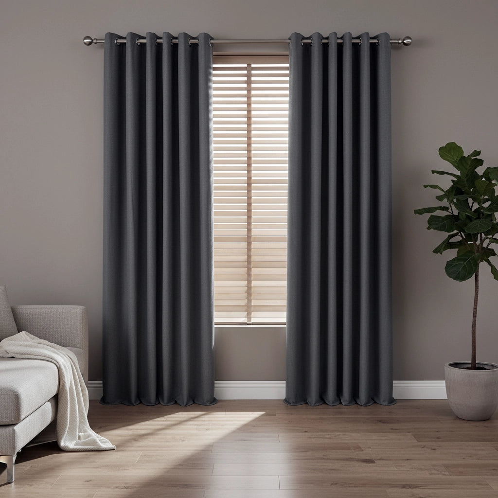 Modern interior featuring stainless steel curtain rails, Venetian blinds, and blockout curtains creating a sleek, stylish window treatment by Linen and Co.