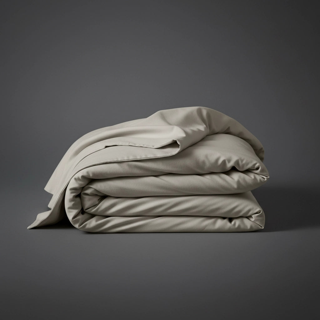Stack of stone pure cotton percale 200TC folded bed linen by Linen and Co, showcasing smooth texture and premium quality