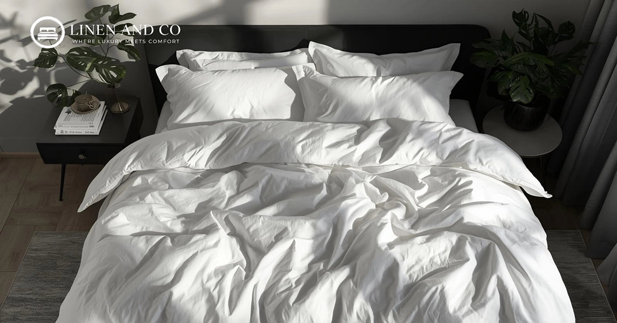 Linen and Co white hospitality bed linen styled as luxury hotel bedding for boutique hotels, guest houses and elegant residential interiors in South Africa