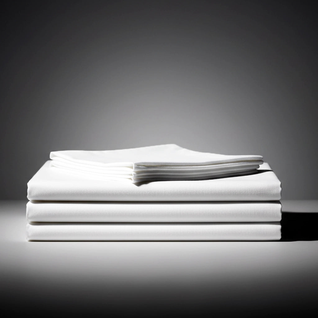 Stack of white polycotton percale folded bed linen and pillowcases by Linen and Co, showcasing smooth texture and premium quality.