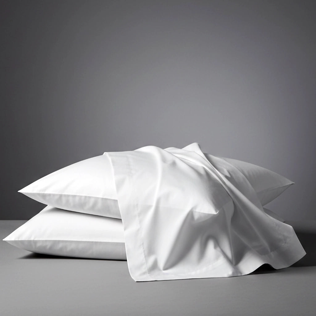 Stack of white pure cotton percale pillowcases by Linen and Co, showcasing smooth texture and premium quality
