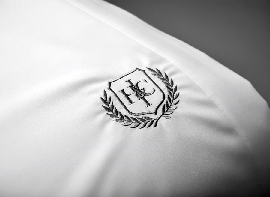 Custom logo embroidery with laurel wreath detail on premium white linen by Linen and Co