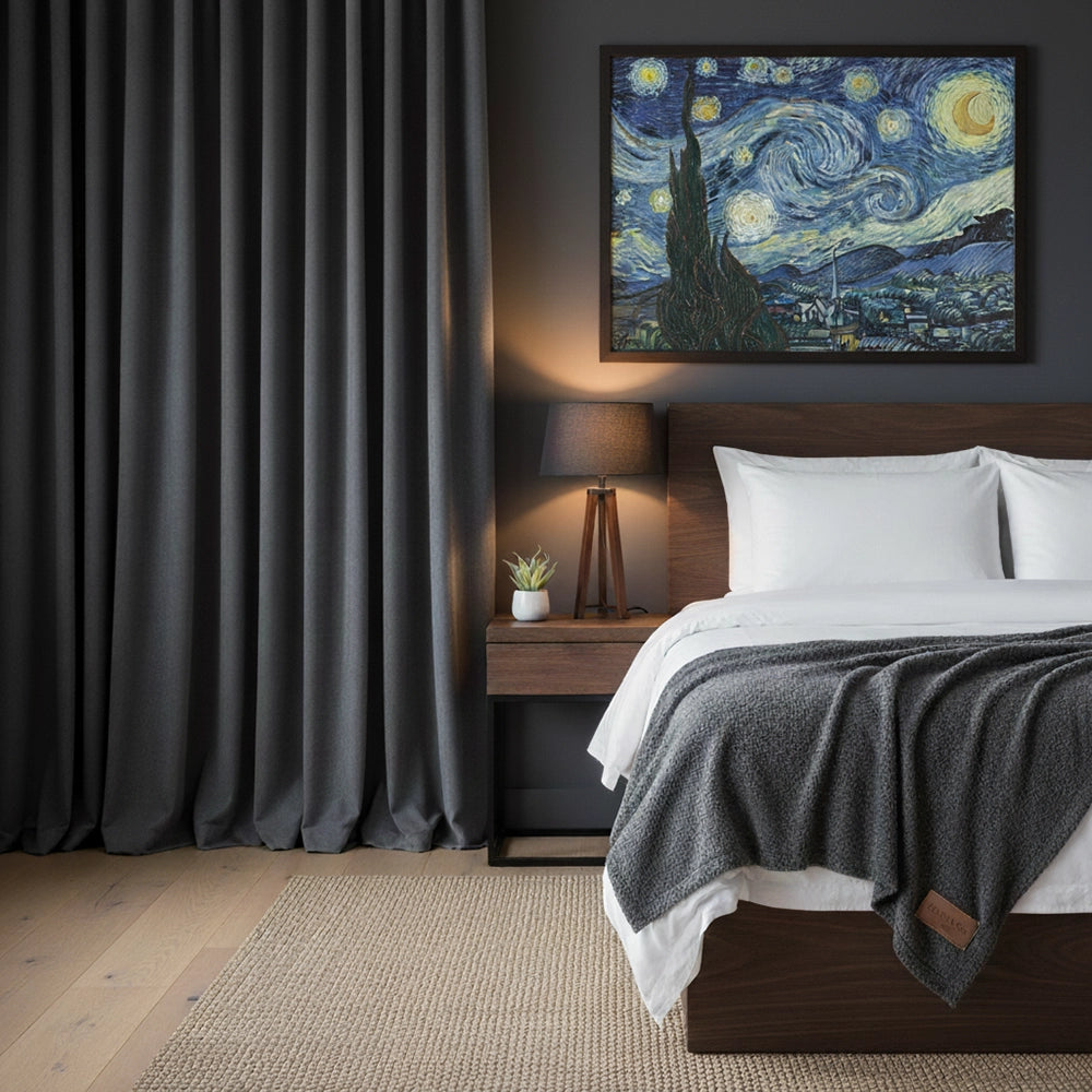 Luxury bedroom with white bedding, grey curtains and charcoal throw by Linen and Co