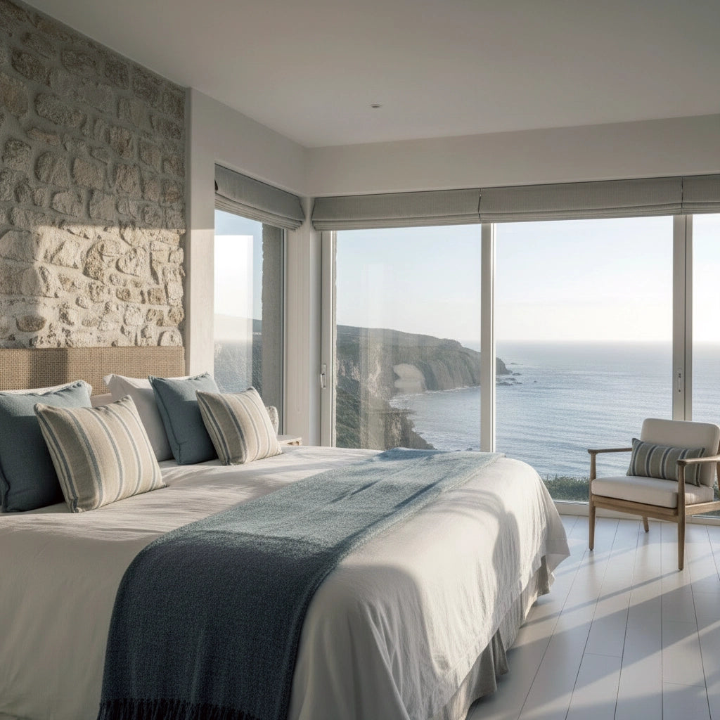 Modern luxury bedroom with white linen bedding, ocean view, stone wall, and coastal decor by Linen and Co.