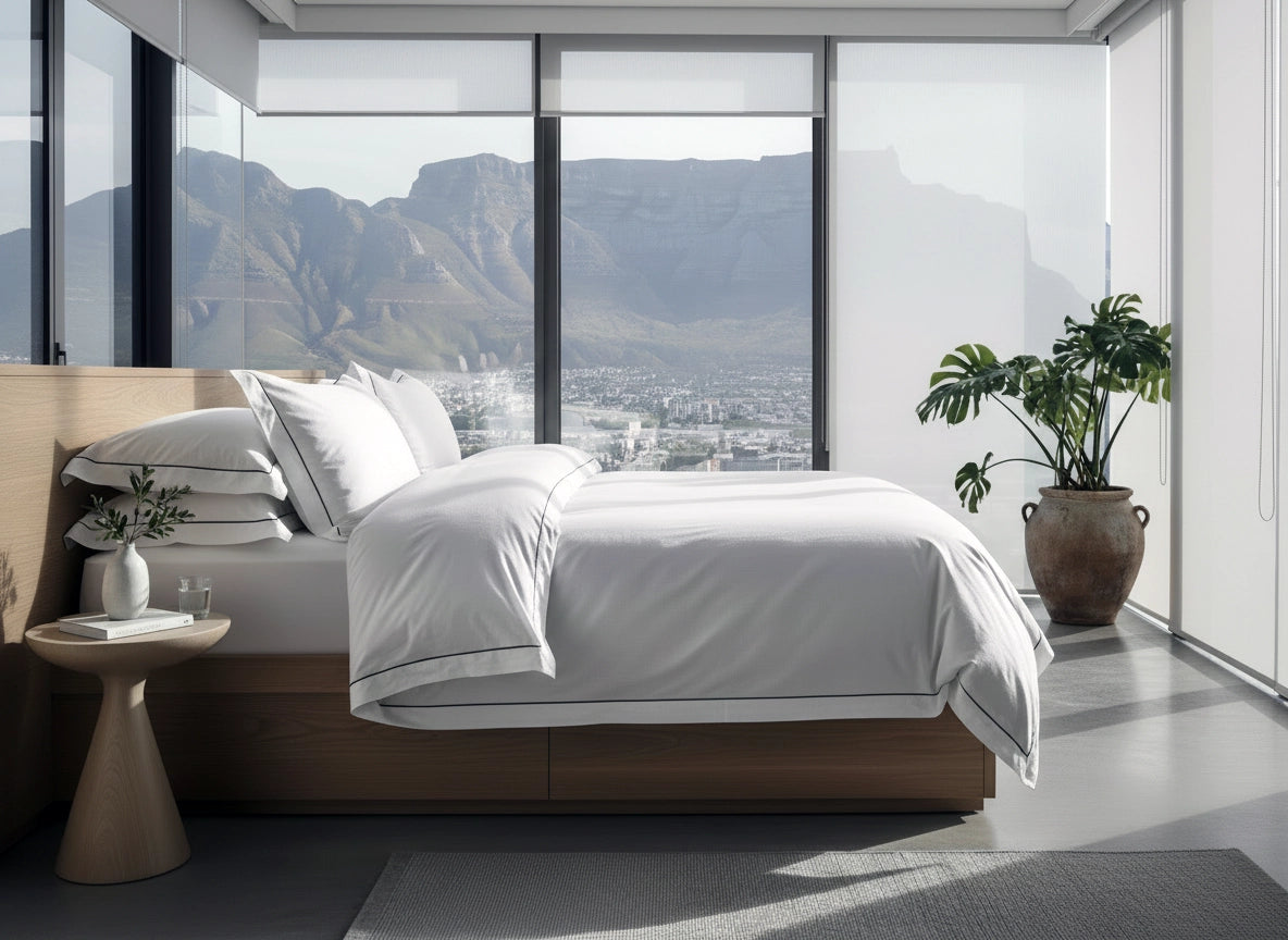 Luxury hotel bedroom with crisp white linen bedding, mountain view, and modern minimalist decor by Linen and Co.