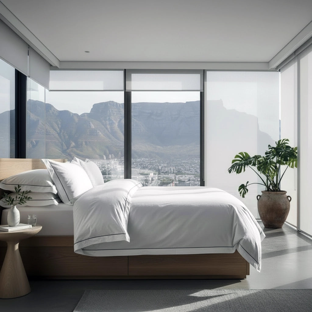 Luxury hotel bedroom with crisp white linen bedding, mountain view, and modern minimalist decor by Linen and Co.