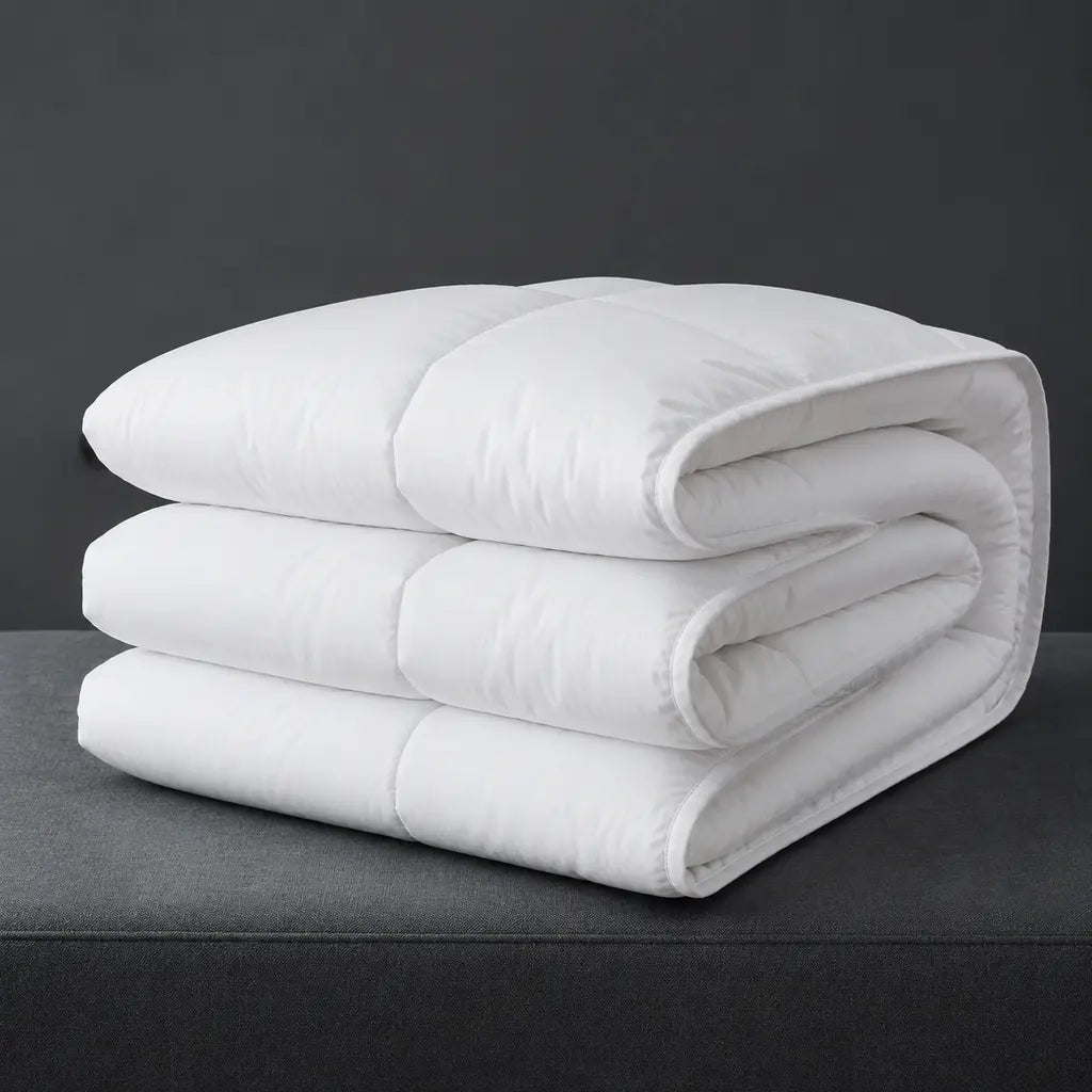 Folded white Luxury Microfibre Duvet Inner showing its soft loft and fine shell fabric – Linen & Co