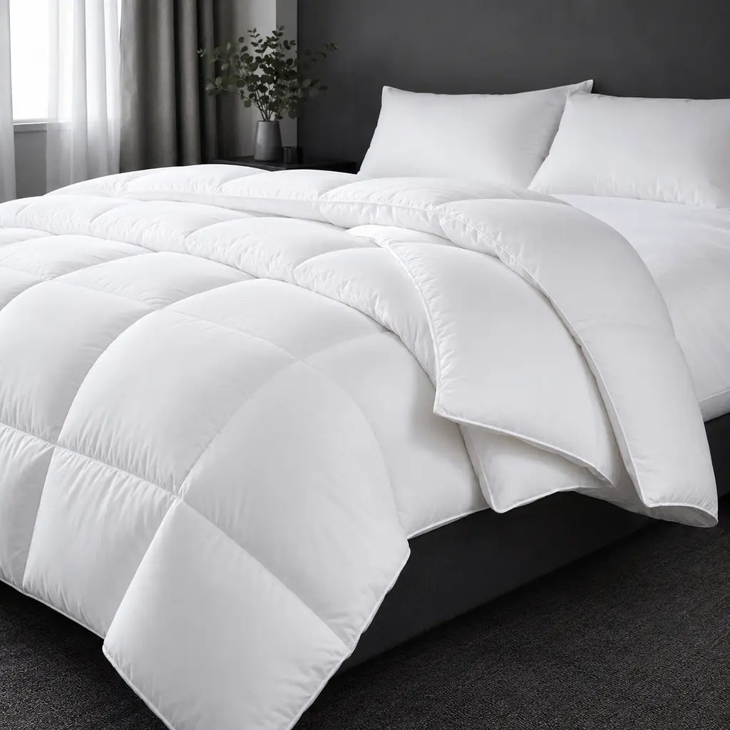 Luxury white microfibre duvet inner styled on a cool grey hotel bed – Linen & Co
