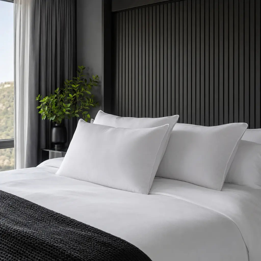 Luxury Microfibre Pillows styled in a cool grey modern hotel bedroom