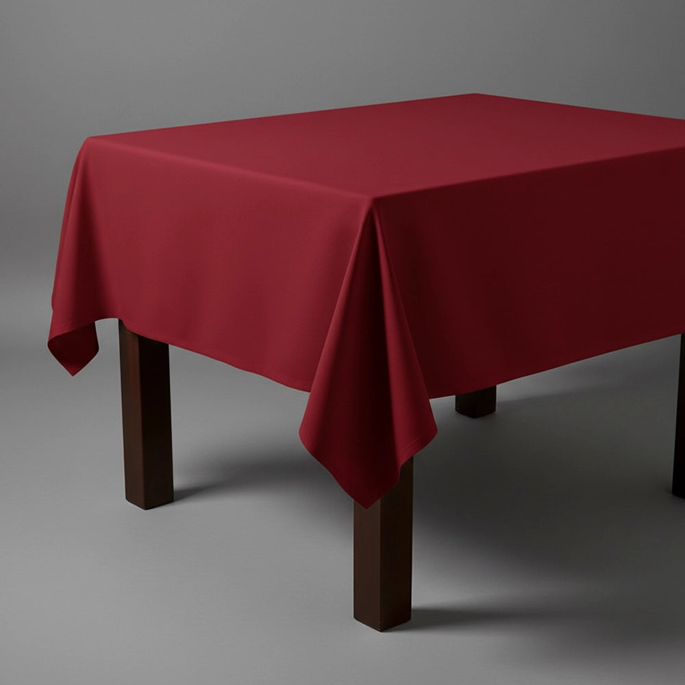 Maroon square table cloth on wooden table by Linen and Co - premium hospitality table linen