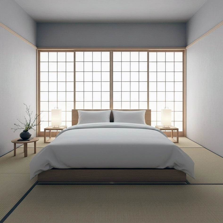 Minimalist zen retreat bedroom with white bed linens by Linen and Co, featuring Japanese-style shoji screens and serene decor