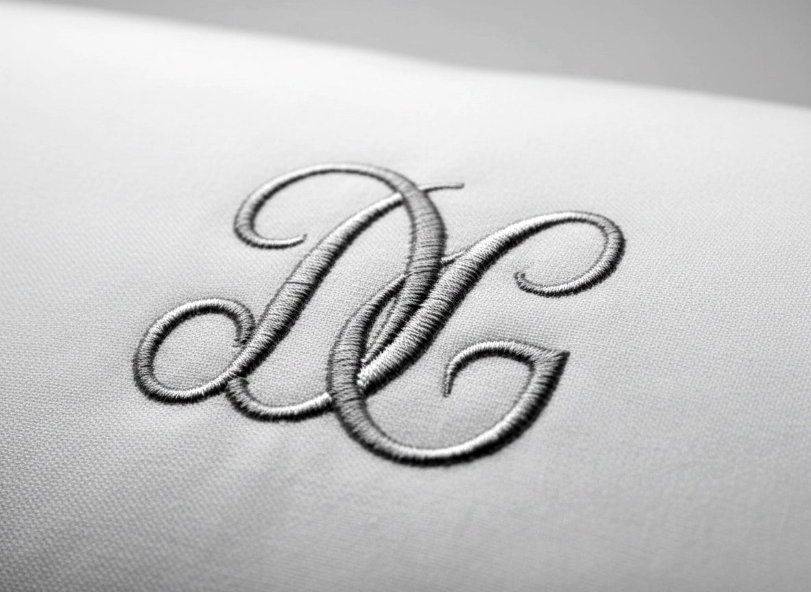 Elegant monogram and initial embroidery in grey thread on premium white linen by Linen and Co - luxury personalisation
