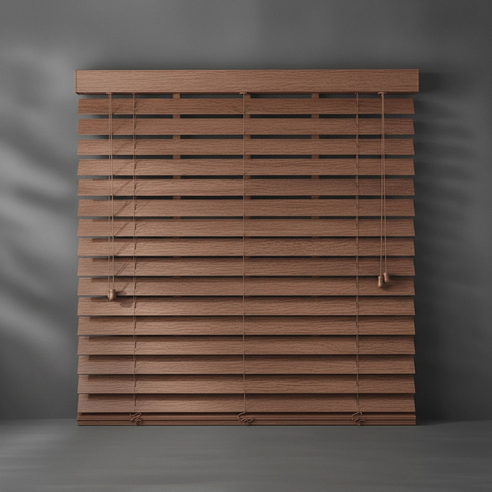 Myrtle Oak 50mm Foiled Eco Wood Venetian blind by Linen and Co - premium hospitality window blinds