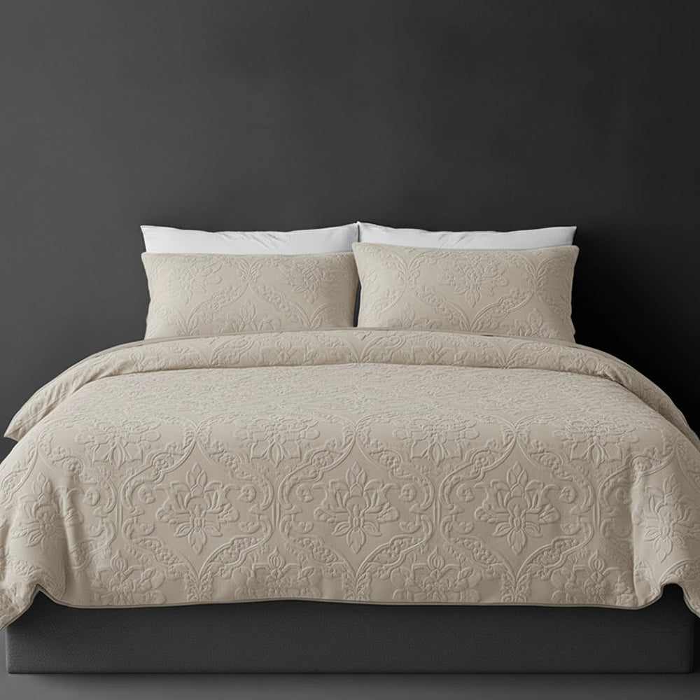 Natural Melissa bedspread on bed by Linen and Co - luxury hospitality bedspread with textured finish