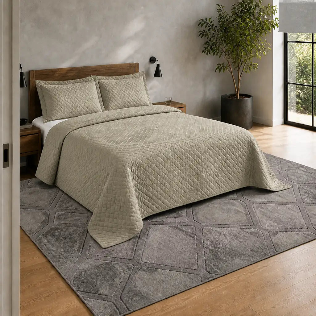 Natural Stanford Quilted Bedspread Set - Hero room view by Linen and Co