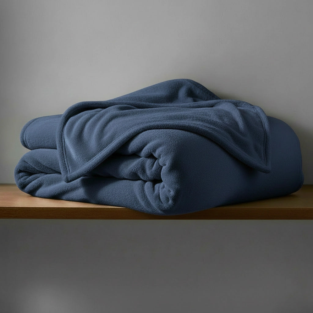 Navy Belfiore hotel blanket by Linen and Co, neatly folded to showcase its plush texture for hospitality and home.