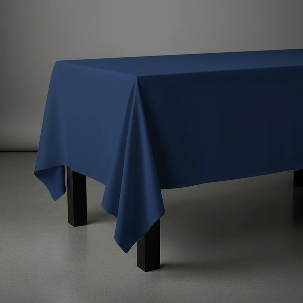 Navy Blue rectangle table cloth on wooden table by Linen and Co - premium hospitality table linen