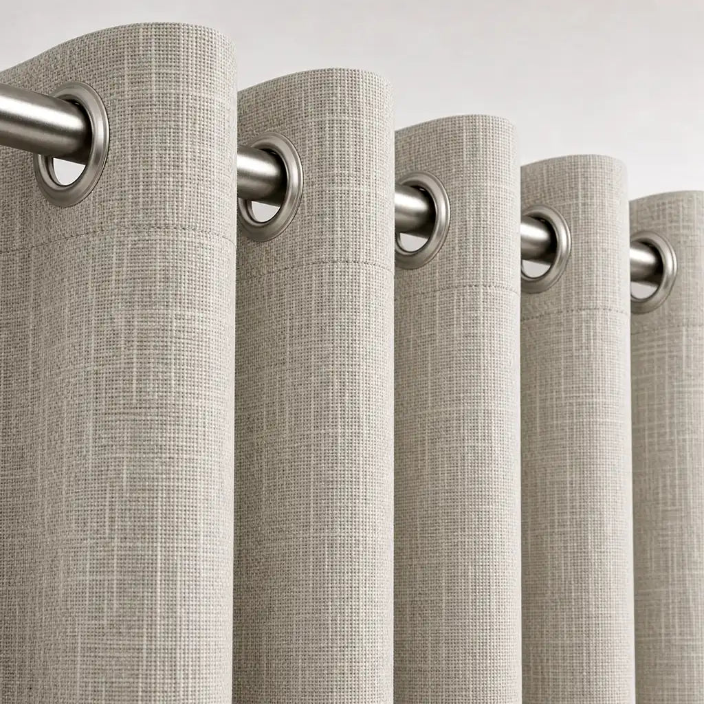 Close-up of Obscura Champagne blockout eyelet curtain fabric by Silk House for Linen & Co