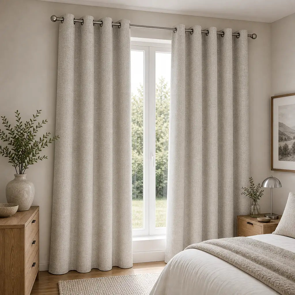Obscura Champagne blockout ready-made eyelet curtain by Silk House for Linen & Co