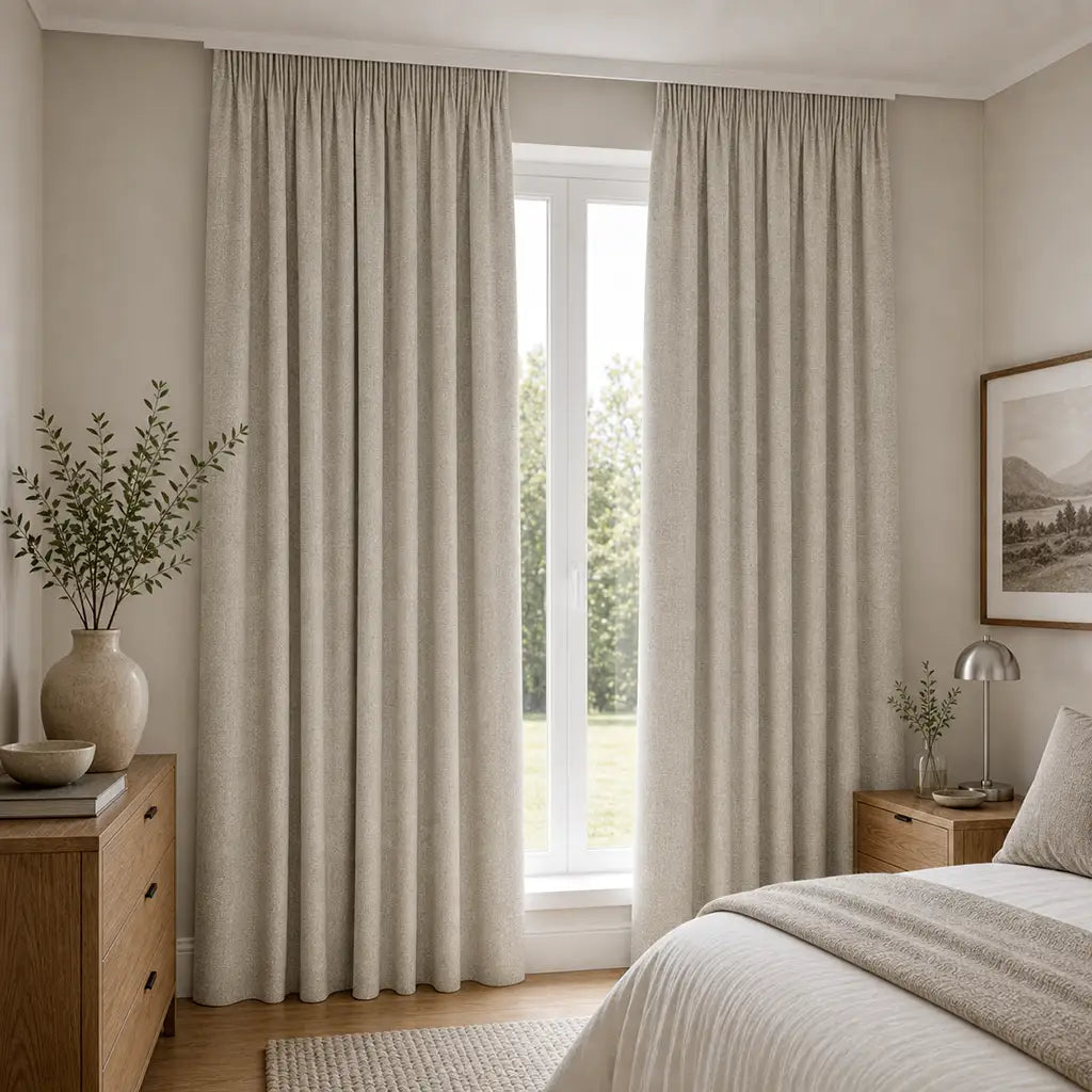 Obscura Champagne blockout ready-made taped curtain by Silk House for Linen & Co