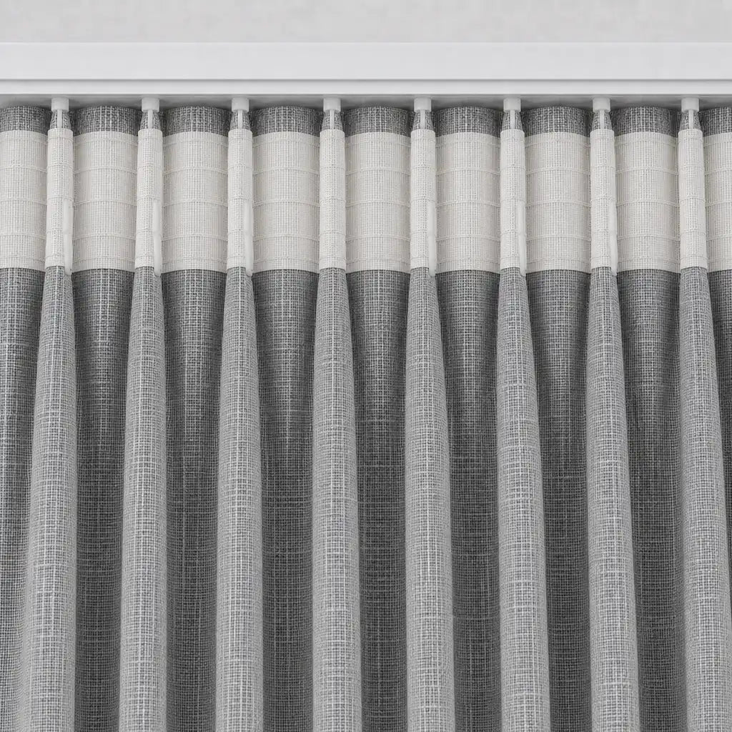 Close-up of Obscura Misty blockout taped curtain fabric by Silk House for Linen & Co