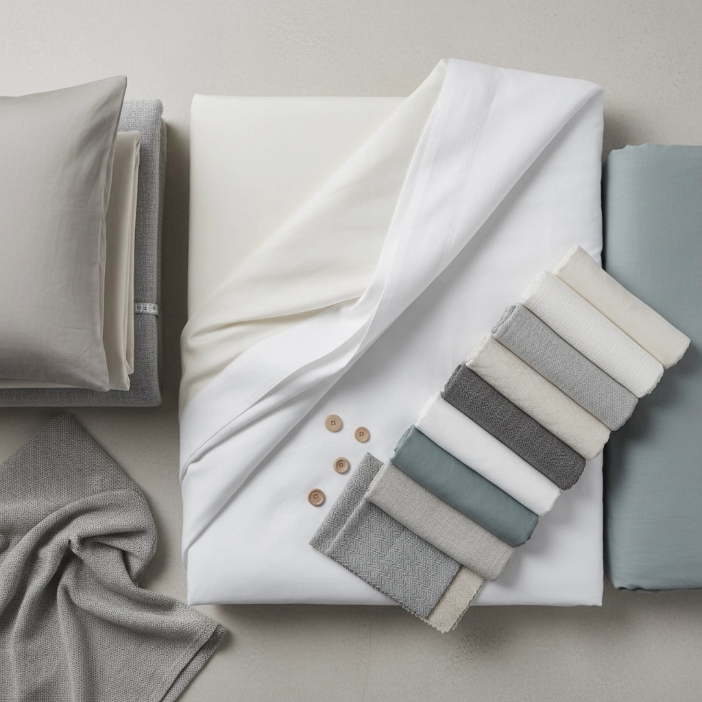 Fabric swatches and colour samples in white, cream, stone, grey, and duck egg by Linen and Co - custom textile selection guide.