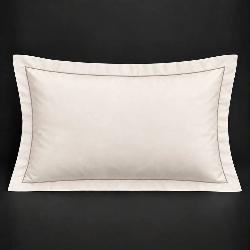 Cream Oxford 200TC cotton percale pillowcase for Standard and King sizes with one row stone satin stitch border by Linen and Co