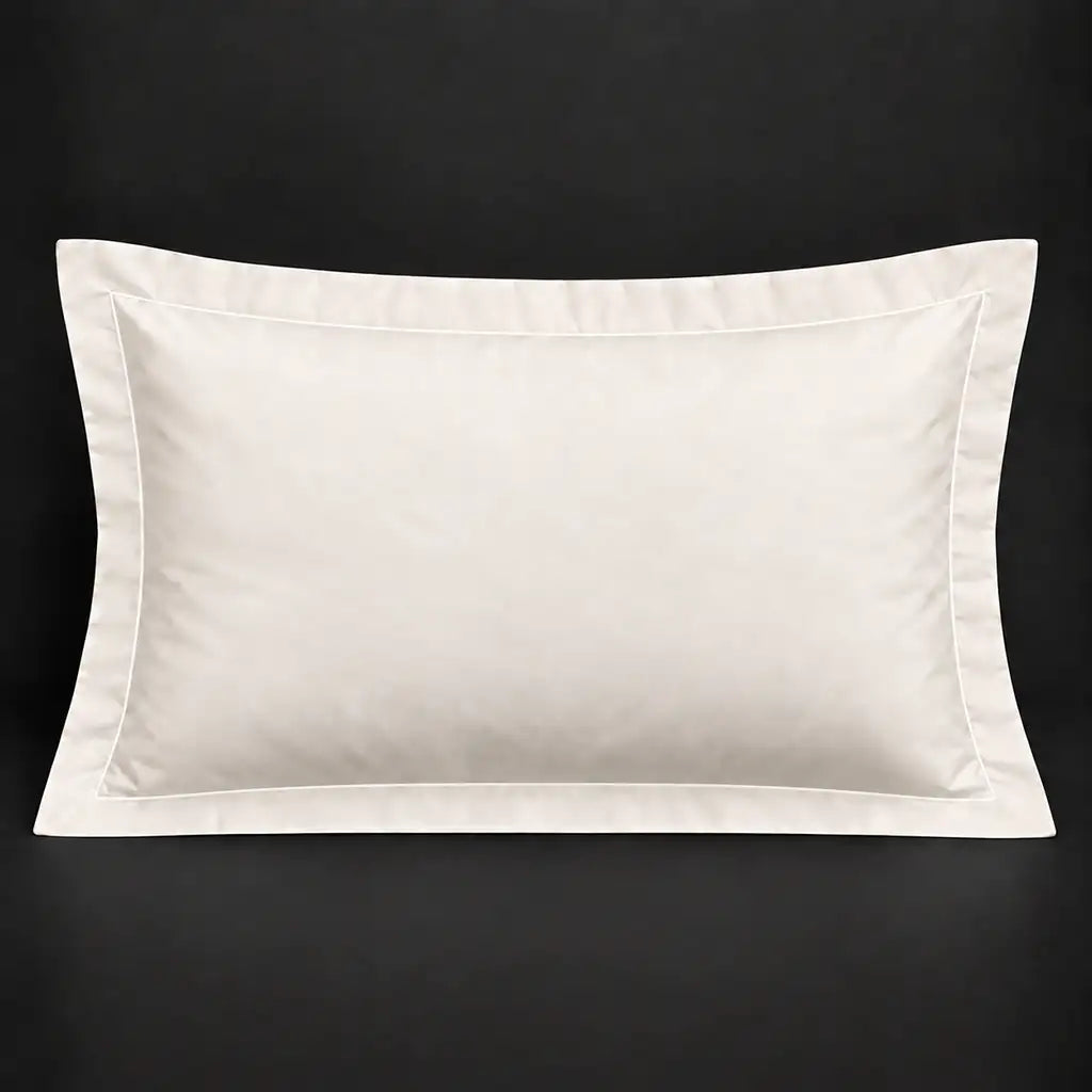 Cream Oxford 200TC cotton percale pillowcase for Standard and King sizes with one row white satin stitch border by Linen and Co