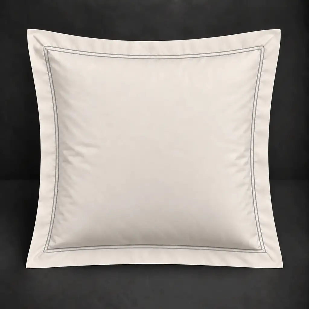 Cream Oxford 200TC polycotton percale continental pillowcase with two row grey satin stitch border by Linen and Co